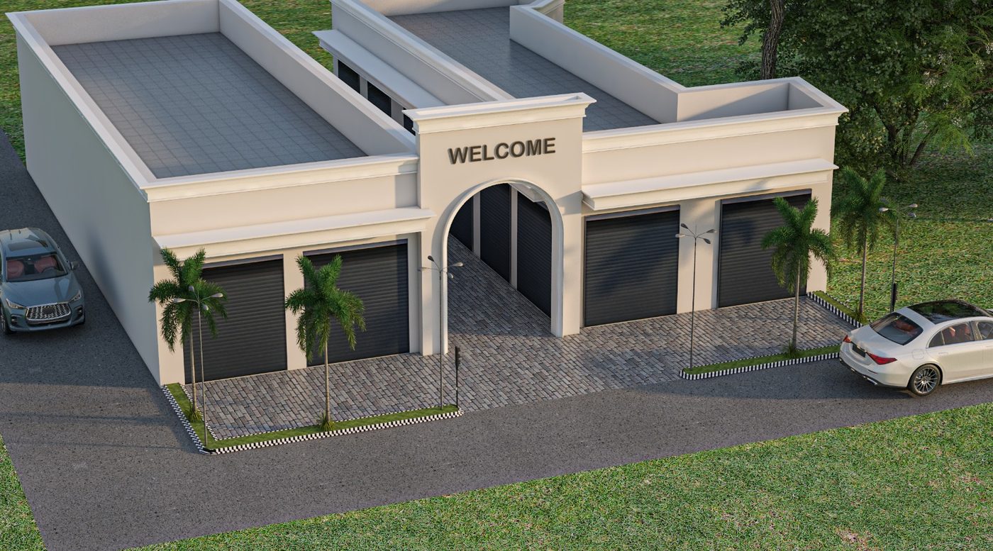 Greentik Acres commercial shop complex, evening render